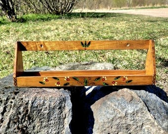 Vintage 1970s German Handarbeit Wooden Spice Rack, Hand Painted Floral East Germany Kitchen Decor