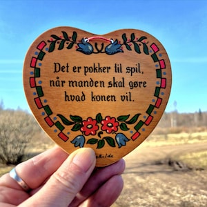 Denmark Folk Art, Small Hand Painted Wood Heart, vintage home decor, Danish Limerick Rhyme