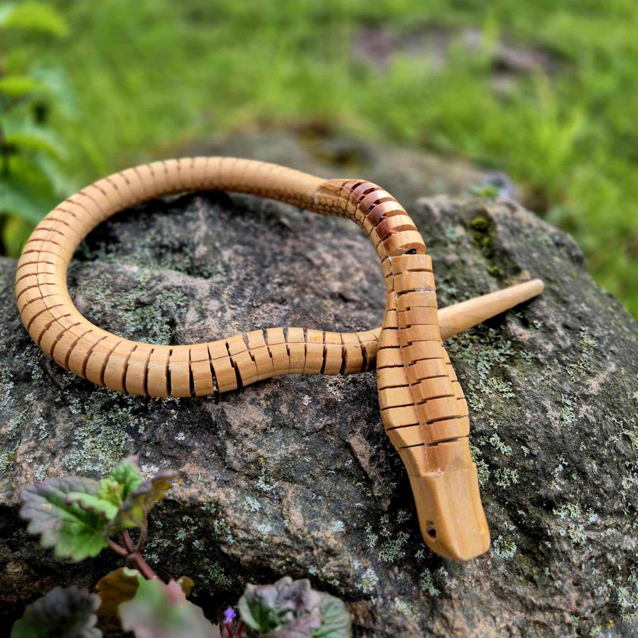 Vintage Articulated Wooden Snake Decor, Handcrafted Cobra Figurine