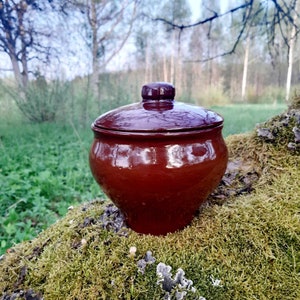 Pot de haricots en poterie émaillée avec couvercle, pot de haricots vintage, cuisine vintage, cuisine de ferme, poterie du milieu du siècle