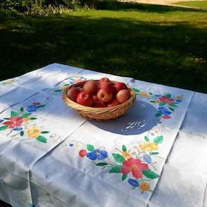 Vintage tablecloth, handmade embroidery, floral appliqué, Square tablecloth