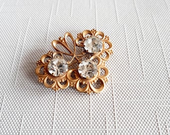 Broche soviético antiguo de trébol de filigrana dorada, con tres hojas de diamantes de imitación, estilo retro CCCP.