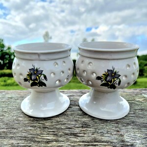 Könnte beinhalten: Zwei weiße Keramik-Sockelpflanzgefäße. Jedes Pflanzgefäß hat eine runde Schalenform mit kleinen Löchern und einem Blumendesign in Schwarz, Gelb und Grün. Die Pflanzgefäße stehen auf einem weißen Sockel. Der Hintergrund ist eine verschwommene Ansicht eines bewölkten Himmels und grünen Laubes.