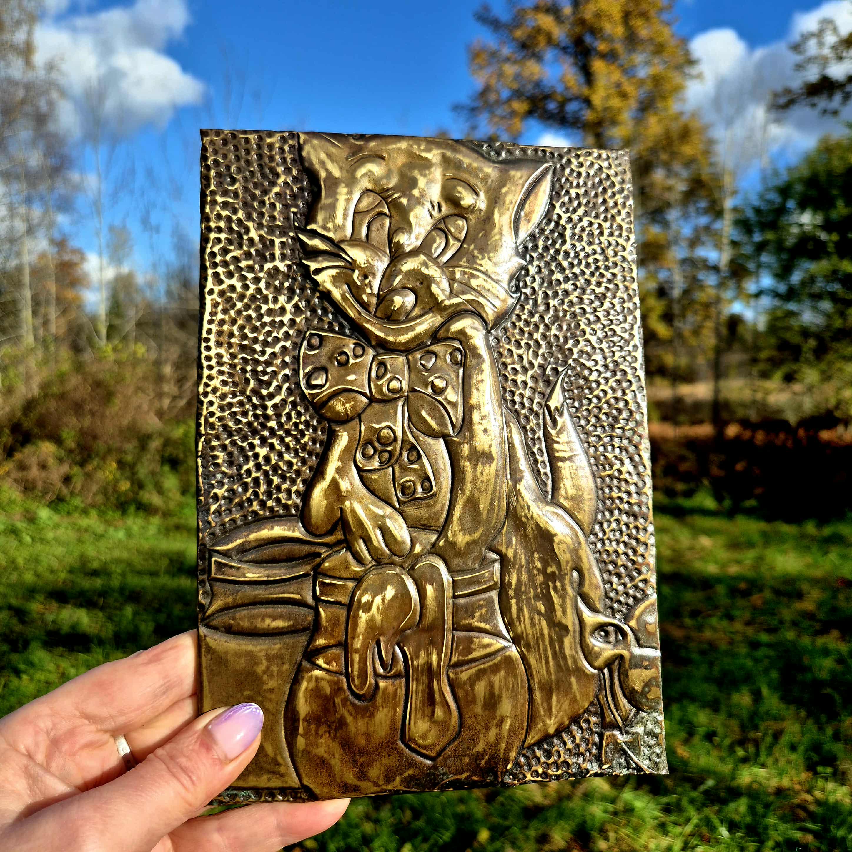 Vintage Metal Wall Plaque With Cat, Embossed Brass Tone Relief