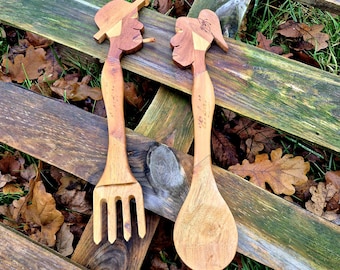 Vintage handgeschnitzte Holz Löffel und Gabel Wanddekor, tropische Volkskunst Paar