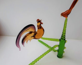 Glass rooster figurine, chartreuse home decor, Glass Sculpture, birds for Valentine's Day gift