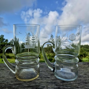 Vintage Glass Beer Mug, Engraved Ship or Floral Design, Set Option Available