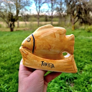 Handmade Tunisian Ceramic Napkin Holder, Fish Design, Vintage Souvenir Decor, Rustic Kitchen Decor, beach house decor