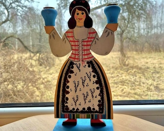 Swedish Folk Costume Wooden Candlestick, Wood Art Home Decor