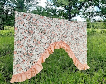 Vintage Scandinavian kitchen curtains, flowers curtains, orange curtains