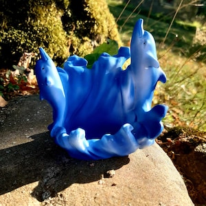 Piatto vintage a forma di delfino blu, statuetta a forma di onda marina, decorazione costiera