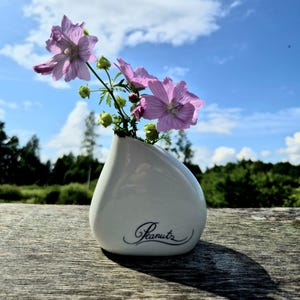 May include: A white ceramic vase with the word "Peanuts" in cursive script, holding several light purple flowers and green buds. The vase is set on a wooden surface, with a backdrop of trees and a blue sky with clouds.
