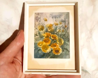 Vintage Miniature Watercolor Painting in Frame, Original Yellow Floral Art, Small Wall Decor, Gift