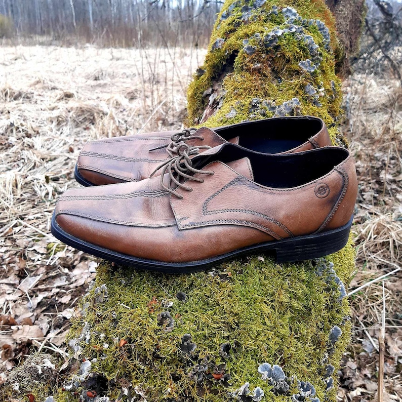 K&ouml;nnte beinhalten: Ein Paar braune Lederschn&uuml;rschuhe mit leicht abgenutztem Aussehen. Die Schuhe stehen auf einem moosbewachsenen Baumstumpf.