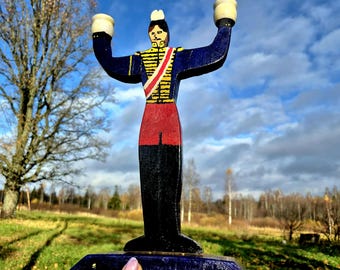 Vintage Folk Art Soldier Candle Holder, Hand Painted Wood Candelabra
