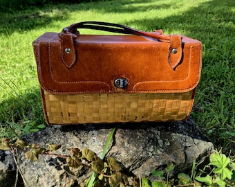 Vintage Stroh & Kunstleder Box Handtasche, 1960er Jahre Picknick Geldbörse