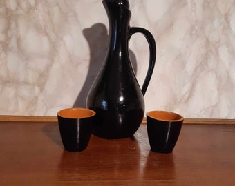 Vintage ceramic liqueur set for two, a pitcher with a cork and 2 glasses, Black wine carafe and shot glasses