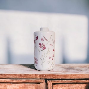 Decorative  floral bottle, Bud vase, vintage porcelain vase with pink meadow flowers
