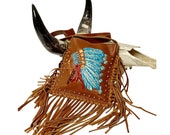 Raviani Western Crossbody Brandy Leather Bag W Hand Painted Indian Chief Fringe Silver Studs