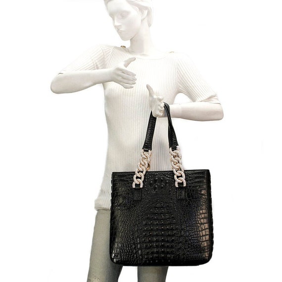 Raviani Satchel Bag Top Grain Solid Brown Crocodile Cowhide Leather