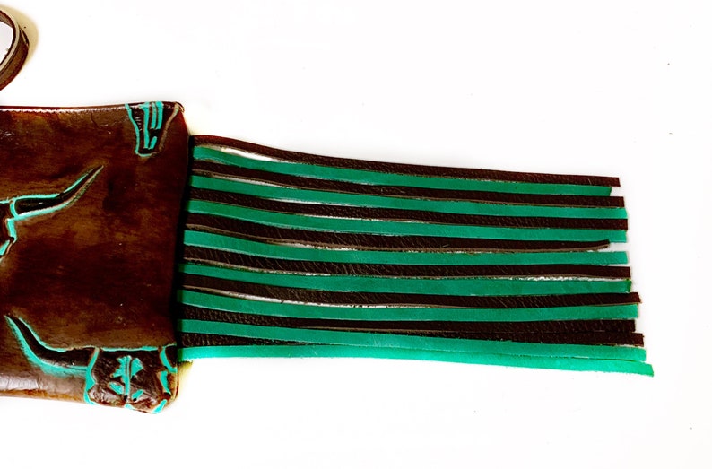 Raviani Wristlet Bag W/ Mixed Fringe In Brown & TQ Longhorn Leather MADE IN USA Raviani Wristlet Bag W/ Mixed Fringe In Brown & TQ Longhorn Leather MADE IN USA