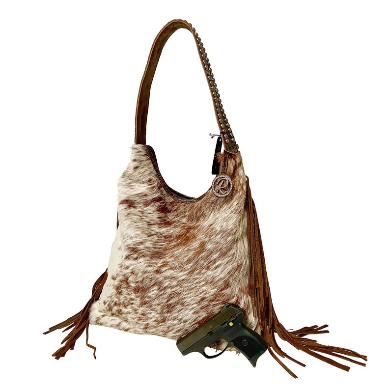 Raviani western Concealed carry hobo In brown /& White Speckle hair on leather W Fringe Made in USA