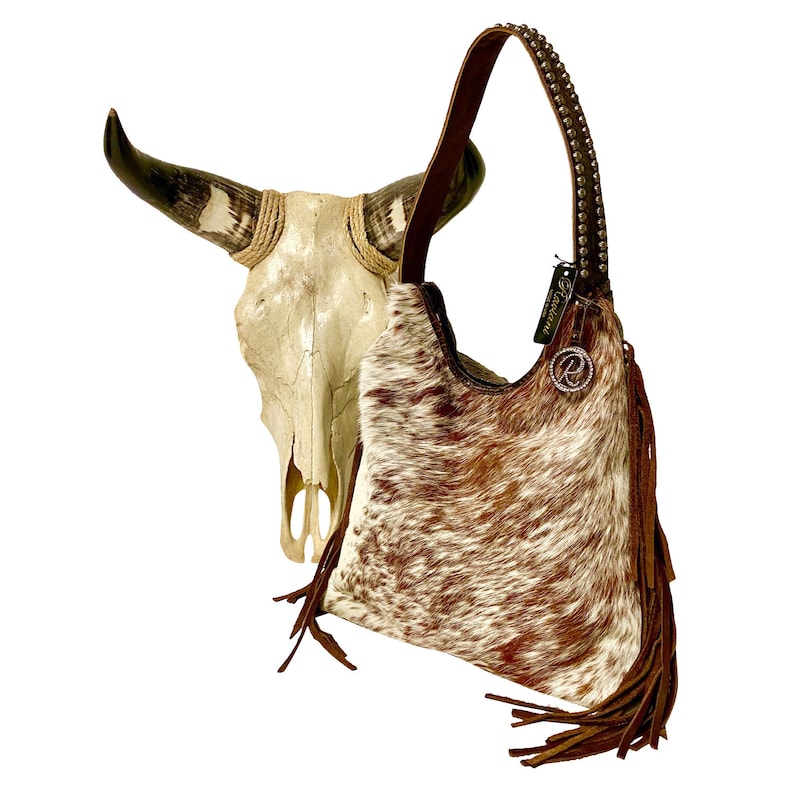 Raviani western Concealed carry hobo In brown /& White Speckle hair on leather W Fringe Made in USA