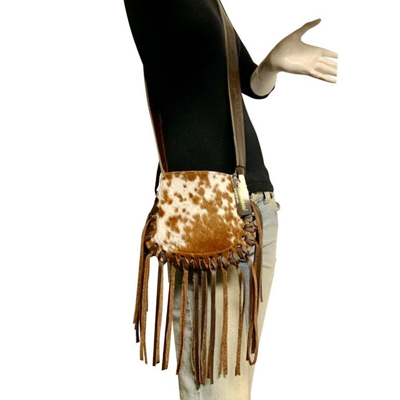 Raviani Fringe Cross-body Bag Speckle Hair On Brown Leather W Silver Studs