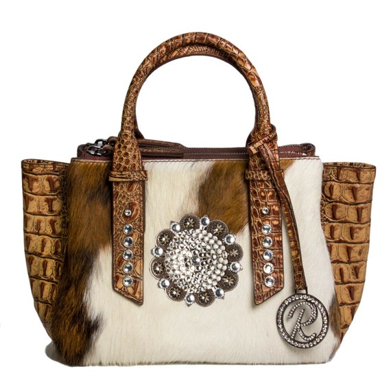 Raviani New Mini Satchel Hair on Brindle /& Top Grain Crocodile Embossed Leather