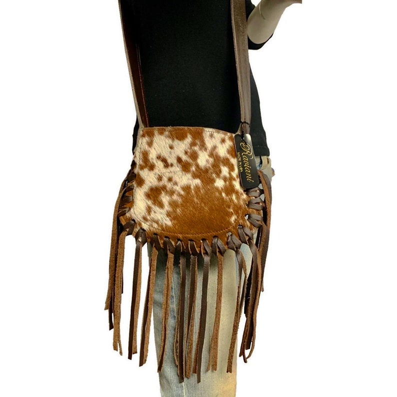 Raviani Fringe Cross-body Bag Speckle Hair On Brown Leather W Silver Studs