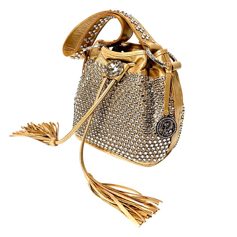 Raviani Full Crystal Bling Drawstring Bag in Gold Cowhide Etsy