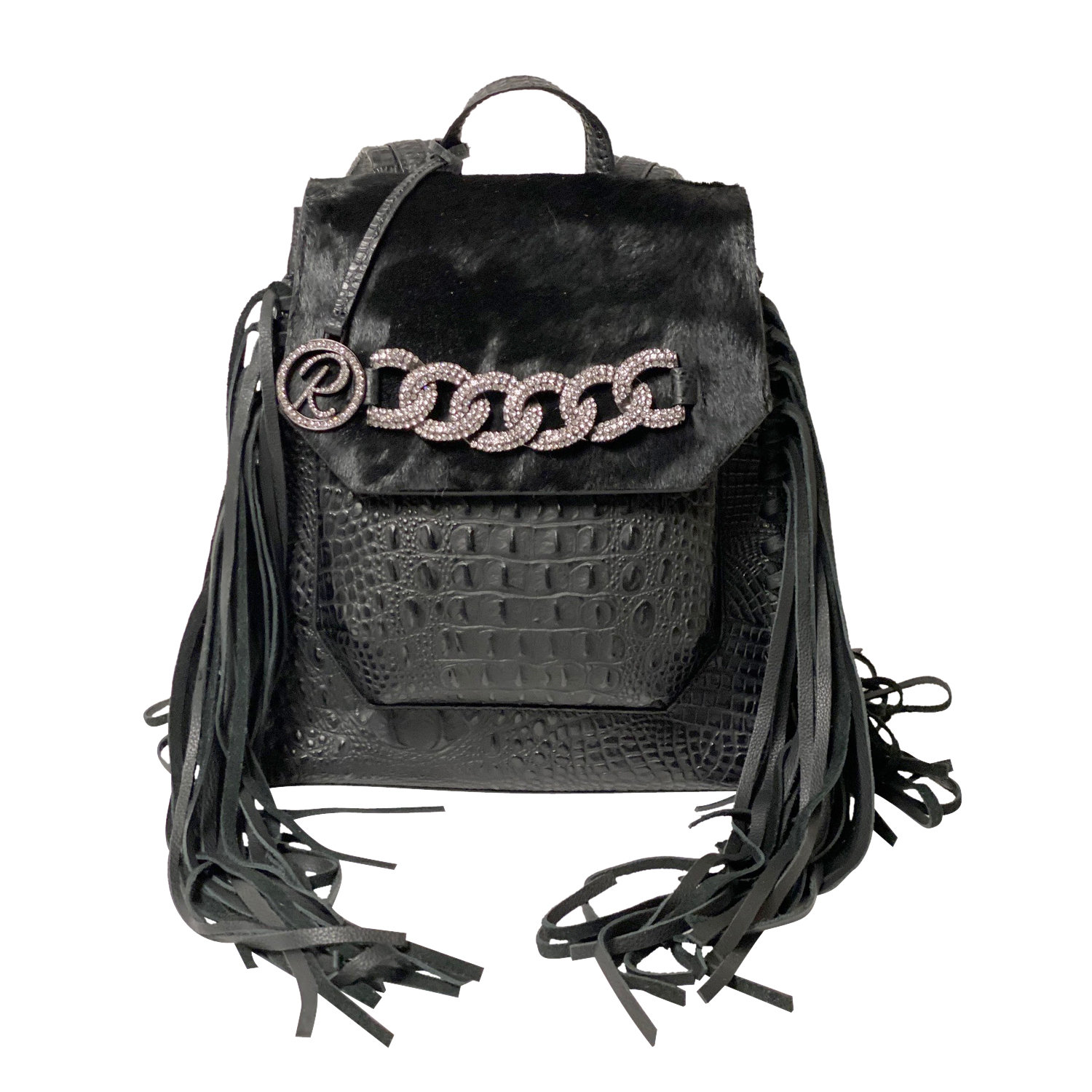 Raviani Black Crocodile Embossed Leather Drawstring Handbag W/Clear Crystals Raviani Black Crocodile Embossed Leather Drawstring Handbag W/Clear Crystals
