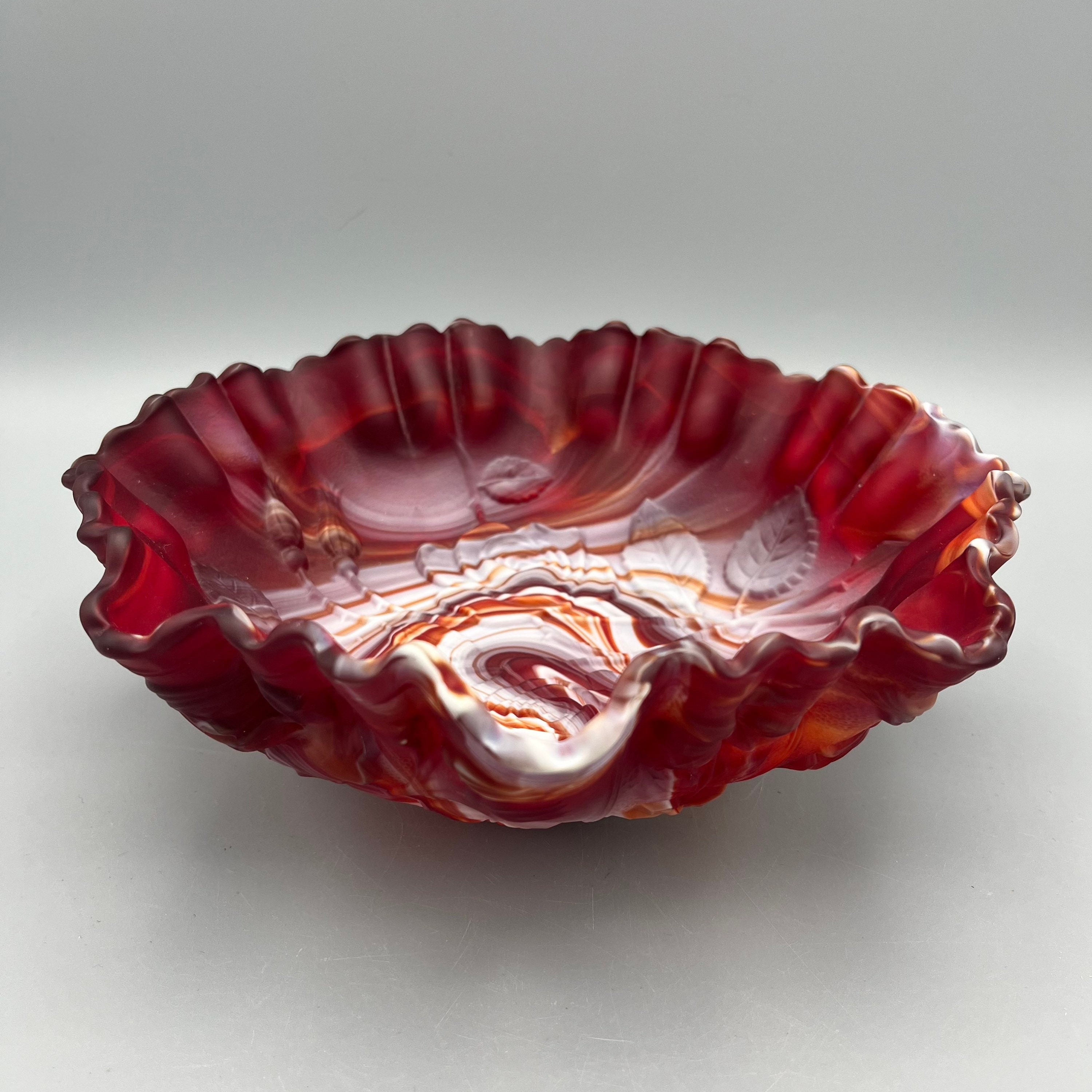 Imperial Glass Red Satin Slag Ruffled Bowl, Grape Pattern, 10