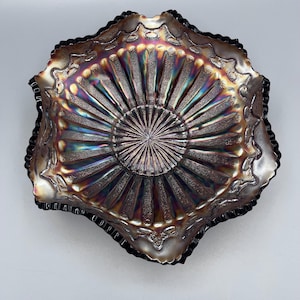 Millersburg Rays and Ribbon Amethyst Carnival Glass Bowl with Ruffled Edge and Ribbed Design
