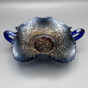 Fenton Persian Medallion Blue Carnival Glass Bonbon Dish
