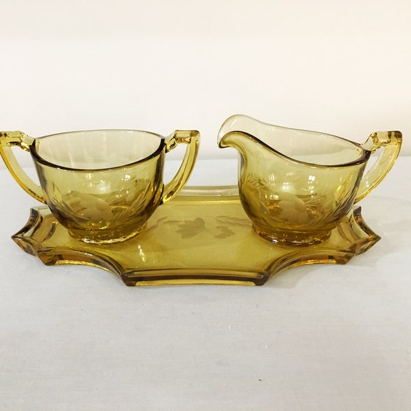 Yellow Depression Glass Etched Creamer and Sugar with Tray