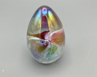 Signed Mini Mt Saint Helens Iridescent Glass Egg Paperweight with Flower