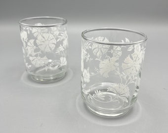 Pair of Vintage Libbey Juice Glasses with White Floral Design