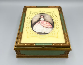 Vintage Wood Jewelry Box with Mirror Lid, Woman Design