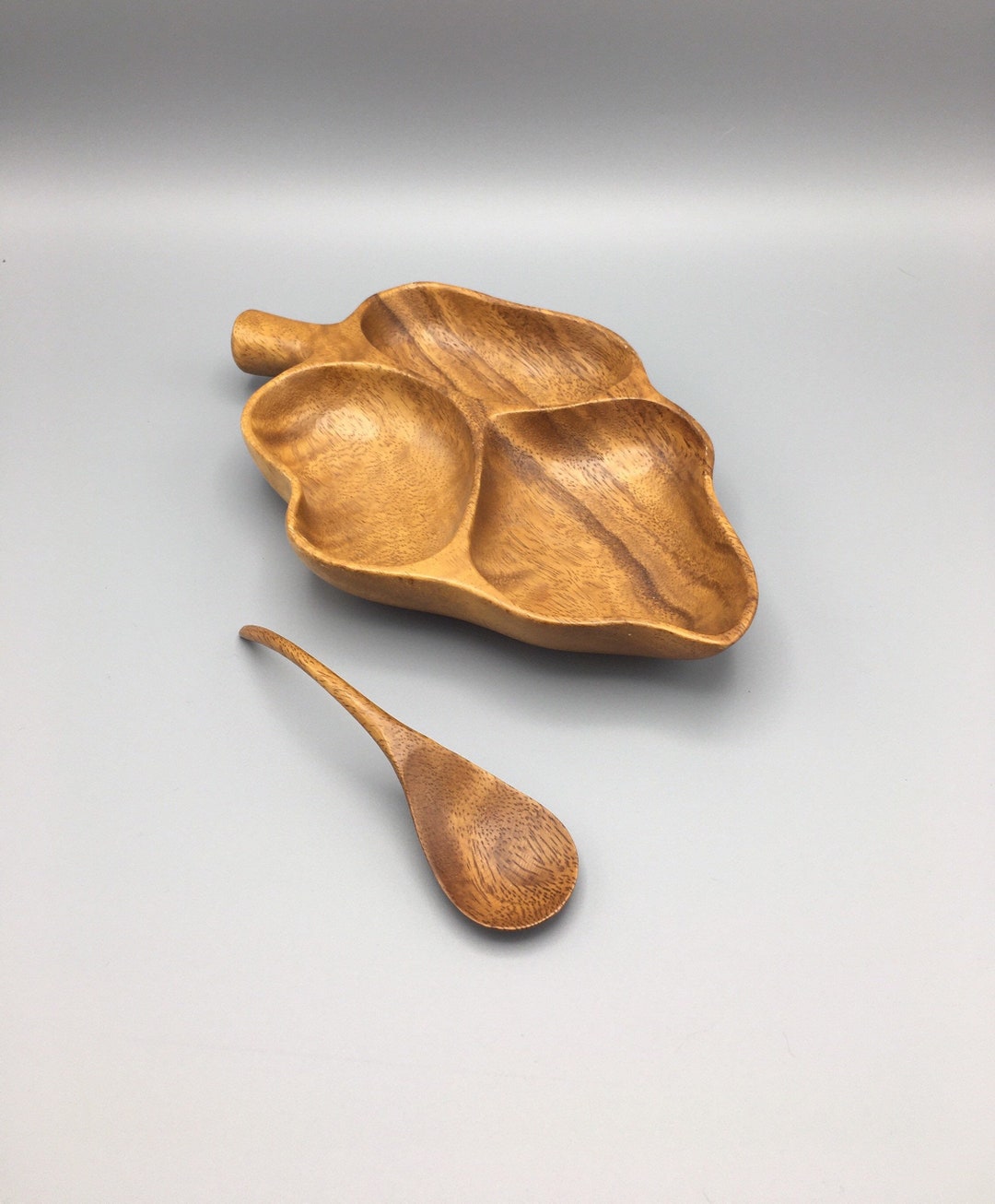 Wood Leaf Shaped Divided Nut Bowl With Spoon Etsy