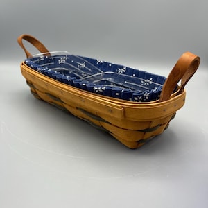 Longaberger Cracker Basket with Blue Liner, Leather Handles and 2 Plastic Inserts