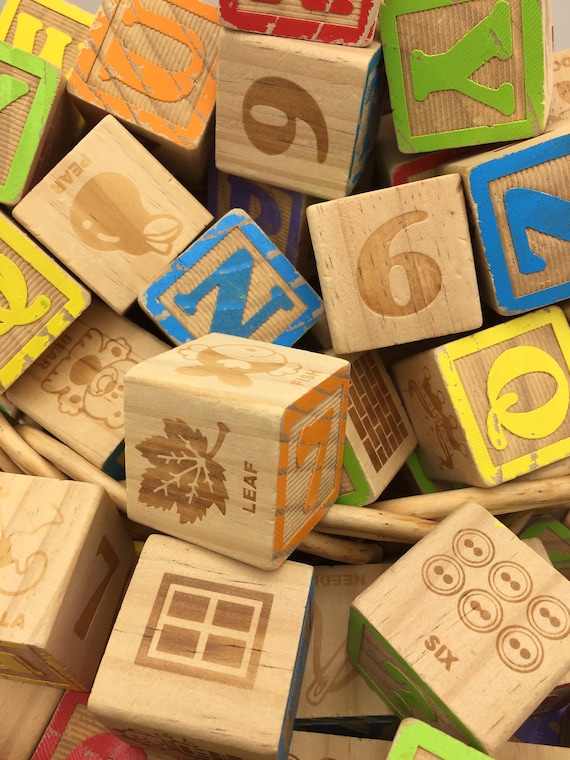 Lot of 55 Vintage Wooden Miscellaneous Sized ABC Alphabet Toy Letter Blocks  GUC