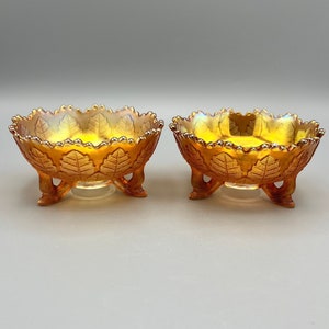 Pair of Fenton Marigold Carnival Glass Footed Leaf Design Bowls