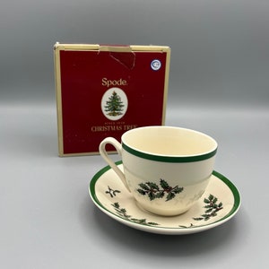 Spode Green Trim Christmas Tree Cup and Saucer with Box