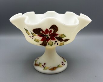 Fenton Hand Painted Custard Compote with Christmas Poinsettia Design