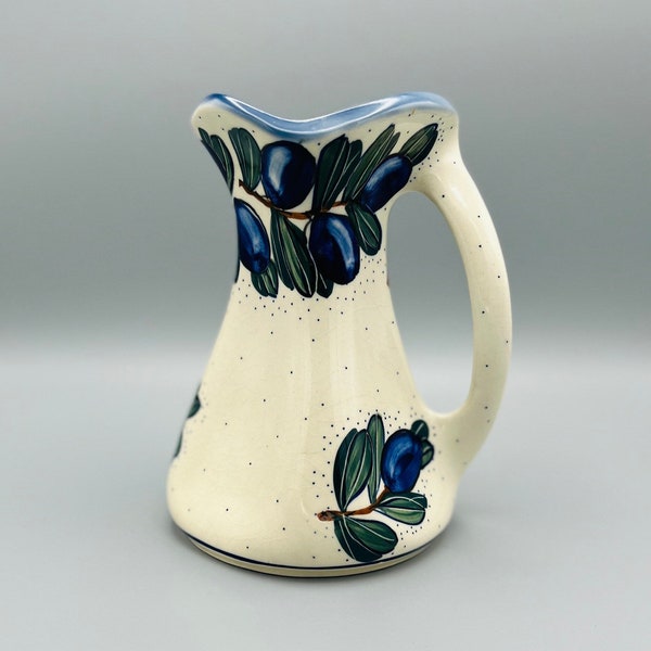 WR Unikat Polish Pottery Twisted Handle Pitcher, Polish Pottery Unikat Pitcher with Blue Fruit