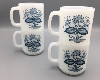 Glasbake Blue Onion Milk Glass Coffee Mugs Cups