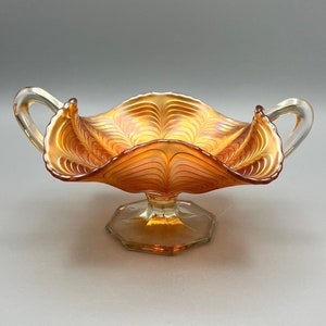Fenton Marigold Carnival Glass Bonbon Dish: Peacock Tail Compote