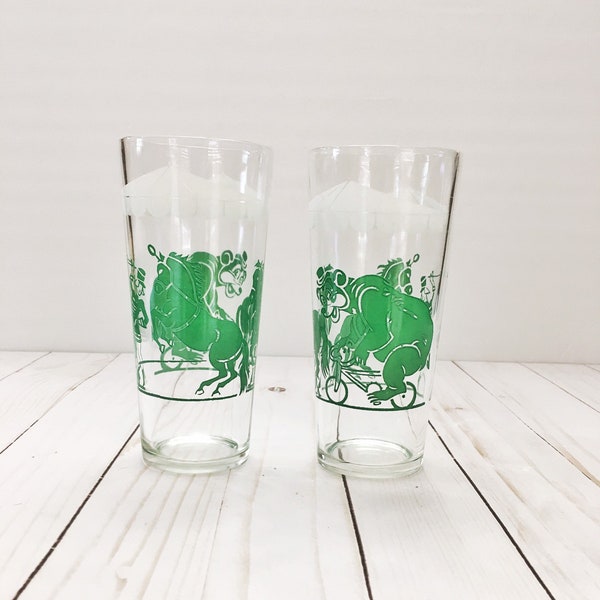 Pair of Vintage Tall Glass Tumblers with Green Circus Design