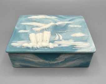 Blue Incolay Trinket Box with Beach Theme Scene